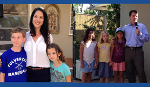 Ms. Burke, with her two children, Mr. McVarish, with arm around his daughter and two of her friends at Mike Cohen’s hosting event on Sunday.