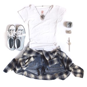  Basic tee: Zara Denim shorts: Abercrombie Elestial Quartz pendant: Callisto Jewelry Shoes: Converse Plaid flannel: Forever 21