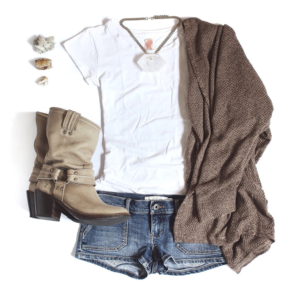 Basic tee: Zara Denim shorts: Abercrombie Phantom Quartz Assyle pendant: BCP Jewelry Boots: Frye Cardigan: Shop Gracie USA