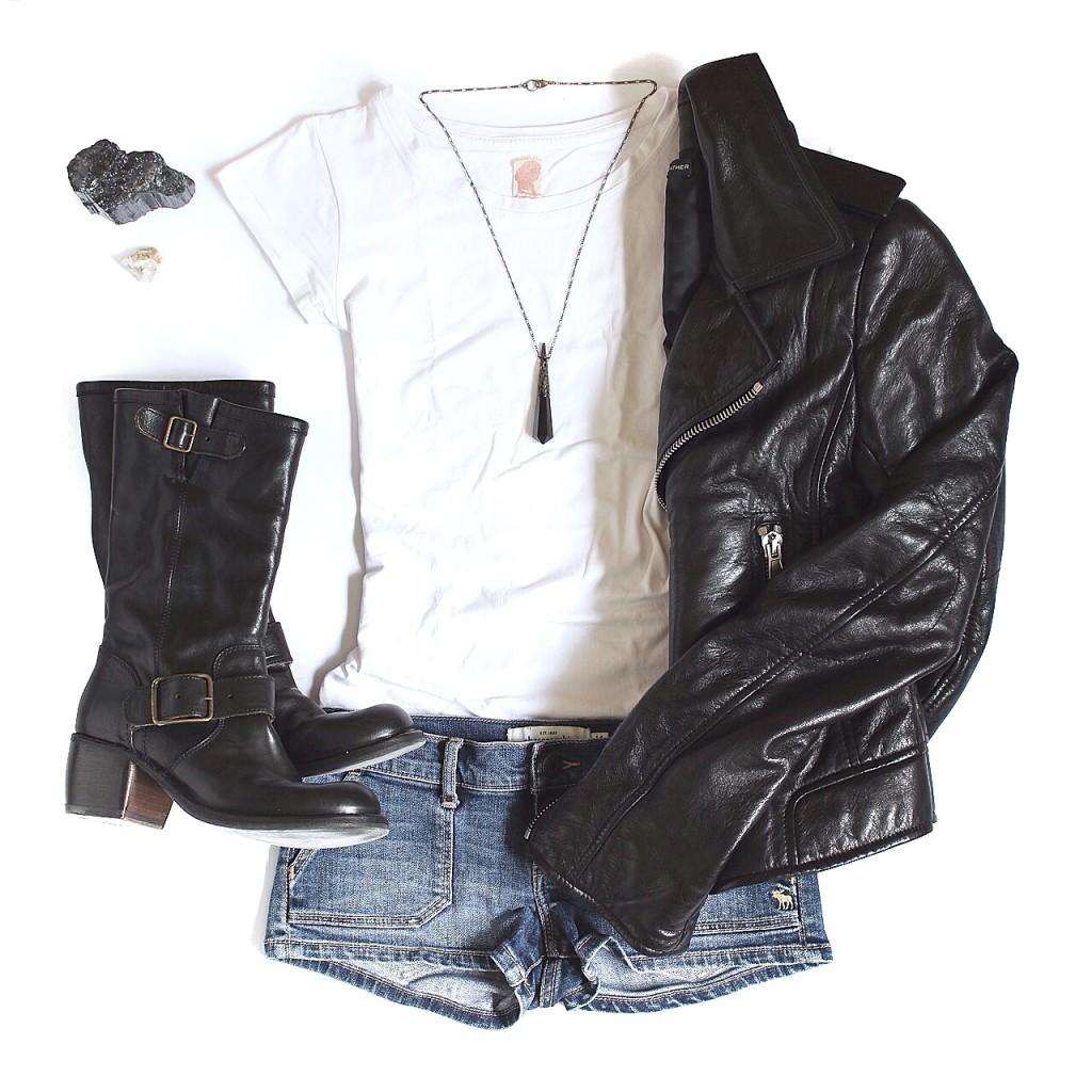 Basic tee: Zara Denim shorts: Abercrombie Black Tourmaline pendant: The Sacred Dimension Boots: Fiorentini and Baker Moto jacket: Balenciaga